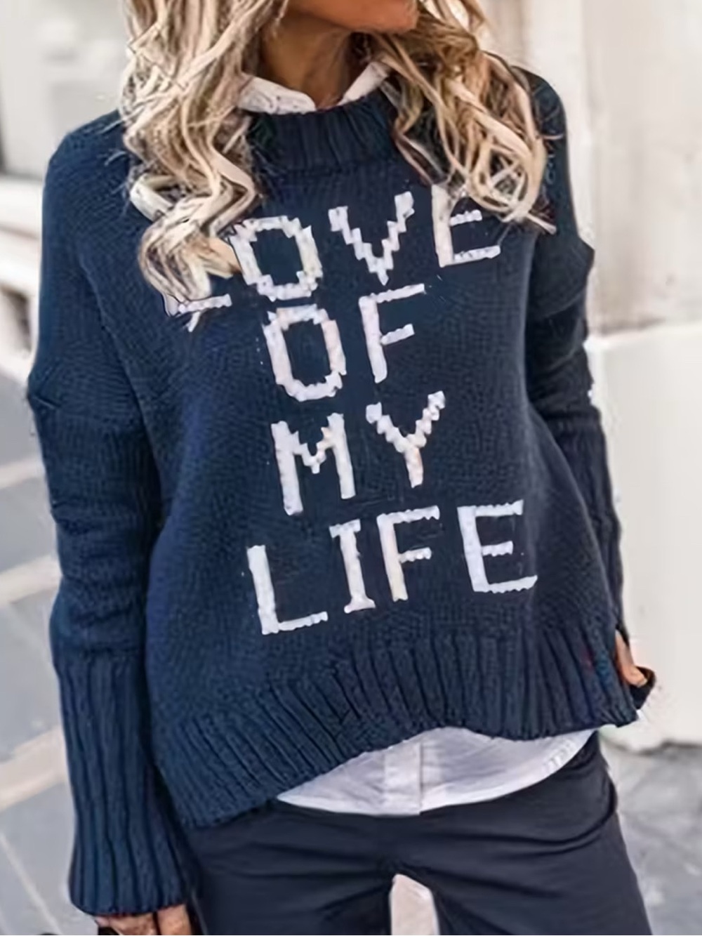 LOVE OF MY LIFE Navy Cozy Knit Sweater Relaxed Graphic Pullover